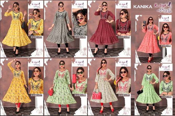 K Siya Kanika Fancy Ethnic Wear Rayon Printed Anarakli Kurti Collection